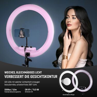 NEEWER Комплект кільцевого світла для фото та відео: 48 см, 52 Вт, регульоване LED світло, штатив, Bluetooth, рожевий (RP18B Pro)