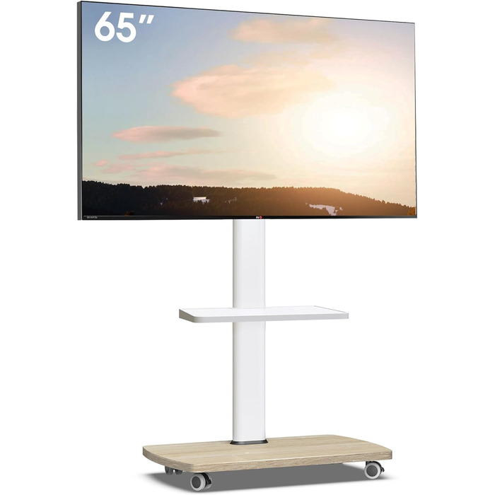 AOKCOS Rolling TV Stand with Wood Shelf - Adjustable Height & Swivel - Fits 32-65 Inch TVs - Up to 40kg, VESA 400x400mm