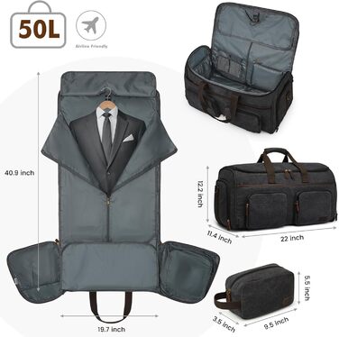 50L Unisex 3-in-1 Convertible Garment Bag Canvas Clothing Bag Suit Bag Carry On Garment Bag with Toiletry Bag for Travel, Short Trips, and Business Trips - Storage