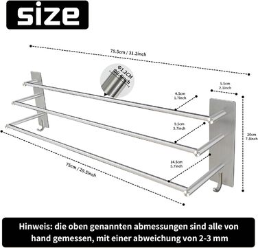 Тримач для рушників Vista з 3-ма перекладинами, 75 см, SUS304 нержавіюча сталь, без свердління, з двома гачками, сріблястий, для ванної, кухні, спальні