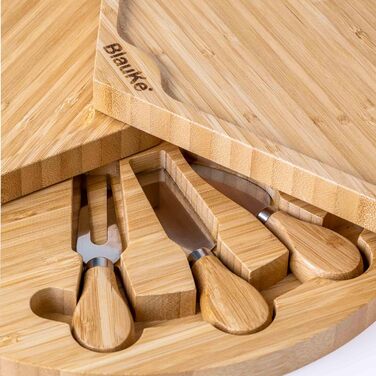 Bamboo Cheese Board with Cheese Knife Set – 37cm Round Wooden Serving Platter for Cheese and Appetizers – Rotating Cheese Board – Cheese Board Charcuterie Board – Gift Idea