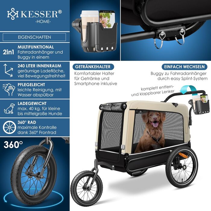 KESSER® Візок для собак Боксер 3-в-1: візок, буксир для велосипеда та лежак. Великий об'єм 240 літрів, амортизація, поворотне переднє колесо 360°, матеріал 600D Oxford Canvas, SmartSpace, вантажопідйомність 40 кг, зелений