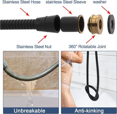 Delnet Classic High-Pressure Shower Head, Chrome, Traditional Telephone Style, Handheld Shower and 1.5m Hose (Modern, Black)
