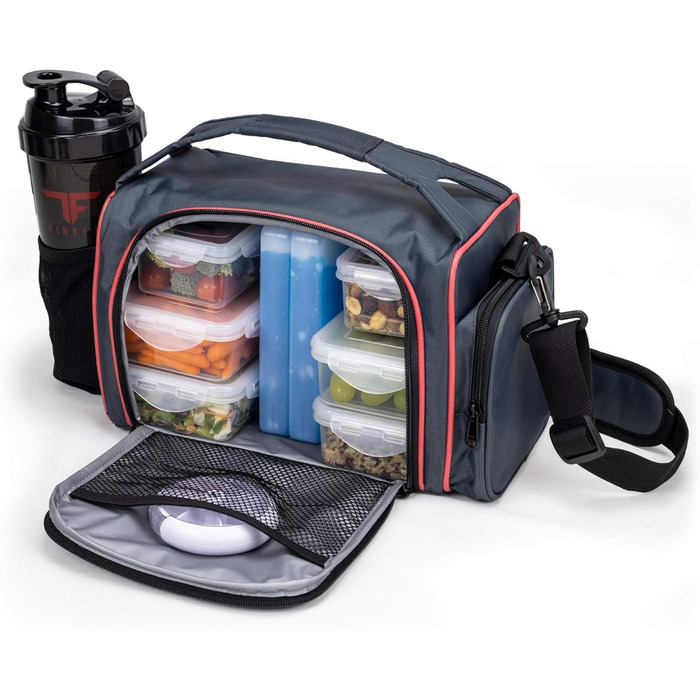 Ізольована ланчбокс з 6 контейнерами для їжі – BPA-Free, багаторазовий, підходить для мікрохвильової печі та морозильника – ланч-сумка з шейкером, органайзером для пігулок, плечовим ремінцем та охолоджувальними акумуляторами – сумка-холодильник червона