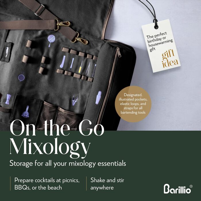 Набір бармена Barillio з золотим шейкером: 17 предметів, сумка для подорожей, вощена тканина - чорний/срібний