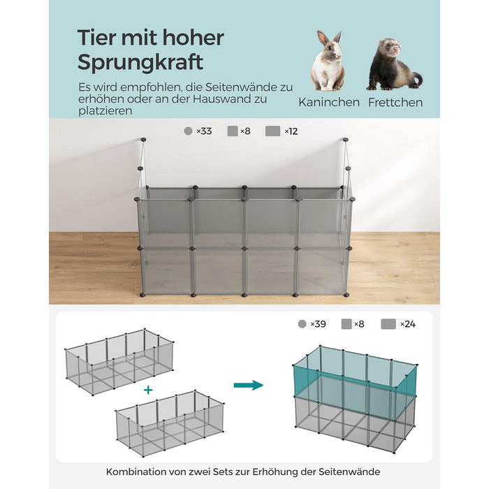 Клітка для тварин SONGMICS Freigehege з піддоном, 143 x 73 x 46 см, білий/сірий, для кроликів, хом'яків, їжаків, LPC02W