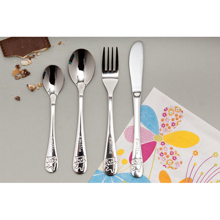 Дитячий столовий прилад Kinderbesteck з гравіюванням імені/мотива 'Teddy Bärchen' (ведмедик), 1 або 4 шт. у наборі, з нержавіючої сталі, гравіювання стильною літерою