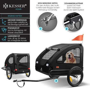 KESSER® Будь-куди з собакою: переносний візок для собак Боксер 2-в-1, великий (250л), чорний - з прапорцем та сумкою, 600D Oxford Canvas, складаний, SmartSpace