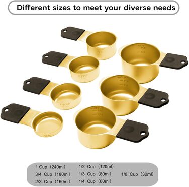 Magnetic Measuring Cup and Spoon Set, including 7 gold-colored stainless steel measuring cups and 8 magnetic gold measuring spoons with 1 leveler for cooking and baking