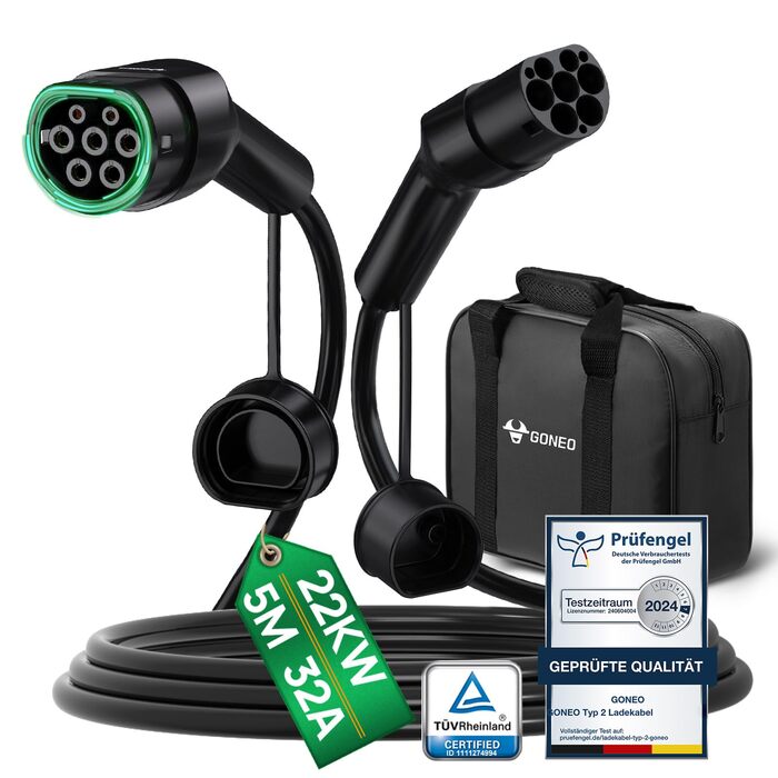 Кабель зарядки для електромобіля GONEO Typ 2, 22kW, 5M, 32A, 3 фази, з сумкою. Сумісний з Tesla Model S/3/X/Y, Volkswagen e-Golf, ID.3, BMW i3/i8