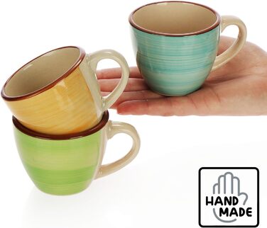 Набір з 6 керамічних чашок для еспресо Com-Four® об'ємом 125 мл - кольорові мокко-чашки ручної роботи для еспресо, мокко та рістретто (зелений/оранжевий/рожевий/синій/жовтий/сірий)