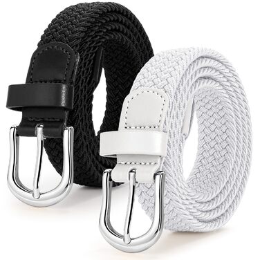 Жіночий плетеный еластичний пояс JASGOOD, льон, 2.5 см, комплект 2 шт. (Чорний + Білий, Розмір M до 86 см)