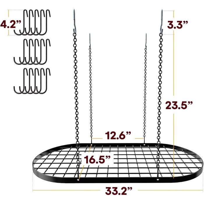 Vdomus Hanging Pot Rack, Heavy-Duty Cast Iron Ceiling Storage, Mounted Kitchen Overhead Pot Holder, Multi-Purpose Kitchen Cookware & Utensil Hanger - 15 Hooks - 84x43 cm