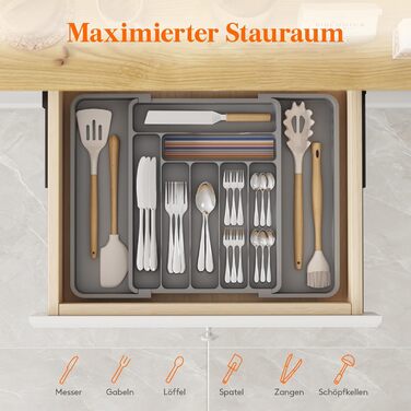 Органайзер для столових приборів Lifewit в шухляду, розсувний, пластиковий, 7-9 відділень, сірий, глибокий 38 см - великий розмір