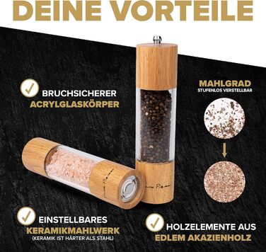 Набір для мелення спецій: солянка та перечниця з акації з регулюванням помелу - якісні млини з керамічним механізмом