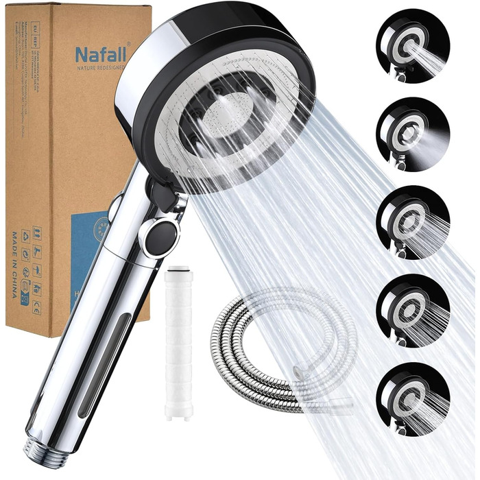 Fall Shower Head with Filter - High-Pressure Handheld Showerhead, Water-Saving with 1.5M Hose, Shower Head with 5 Spray Patterns and Stop Function, Shower Head with Hose, Chrome