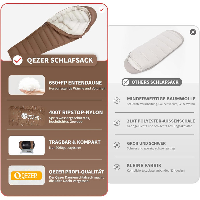 Пуховий спальний мішок для дорослих та дітей, легкий зимовий спальник Outdoor 8°C ~ -30°C для кемпінгу та альпінізму з 650 FP гусячим пухом (кава, 1500г пуху)