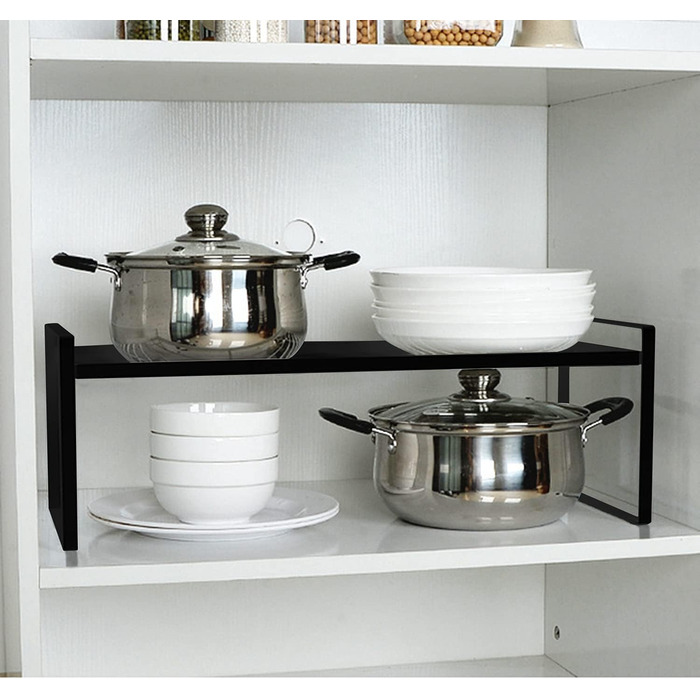KZOBYD Expandable Kitchen Shelf, Foldable Kitchen Cabinet Shelf Spice Rack Organizer for Dishes and Supplies Stackable Kitchen Storage Organizer for Extra Storage Space (White, ) (Black, Large)