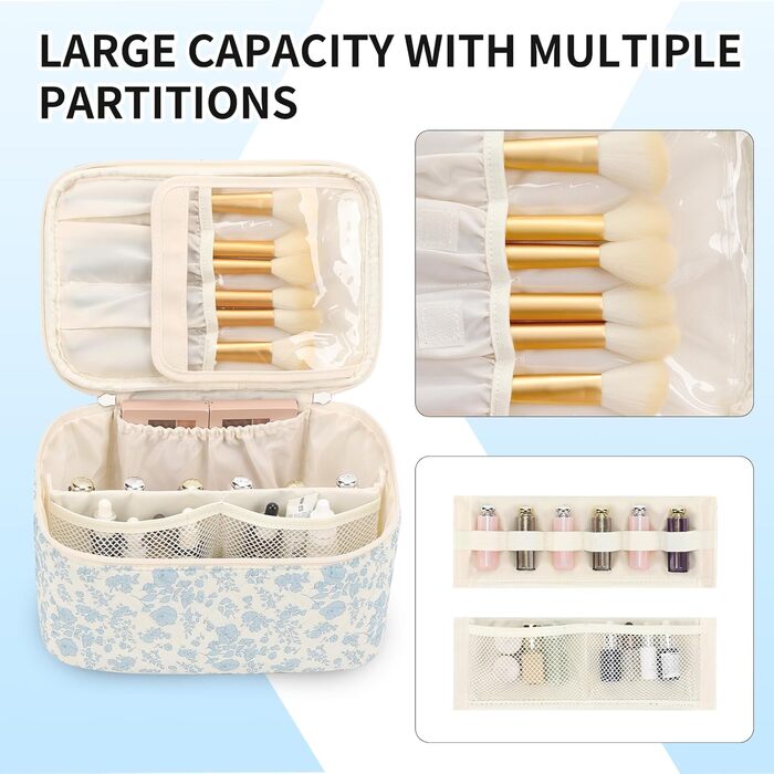 Косметичка для жінок, велика сумка для макіяжу, дорожня косметичка-вояж для жінок, косметична сумочка для подорожей з ручкою та роздільниками (A-синій квітковий принт)