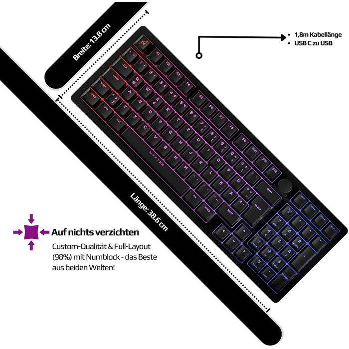 Механічна ігрова клавіатура NYFBOARD GEN2 (98%, Black) з Gateron Yellow, ISO DE Layout, RGB підсвітка, Hot-Swappable
