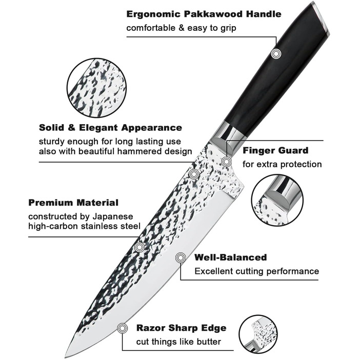 Набір кухонних ножів Messerblock 6-TLG з блоком: професійний набір з нержавіючої сталі з ергономічною ручкою з ебену, кухонний, м'ясний, хлібний, універсальний та овочевий ножі