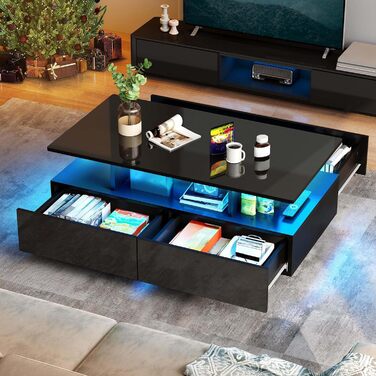 YITAHOME журнальний стіл білий з LED-підсвіткою, глянцевий, 16 кольорів, сучасний столик для вітальні з відкритою полицею та 4 висувними шухлядами 90x55x41,1 см (чорний)