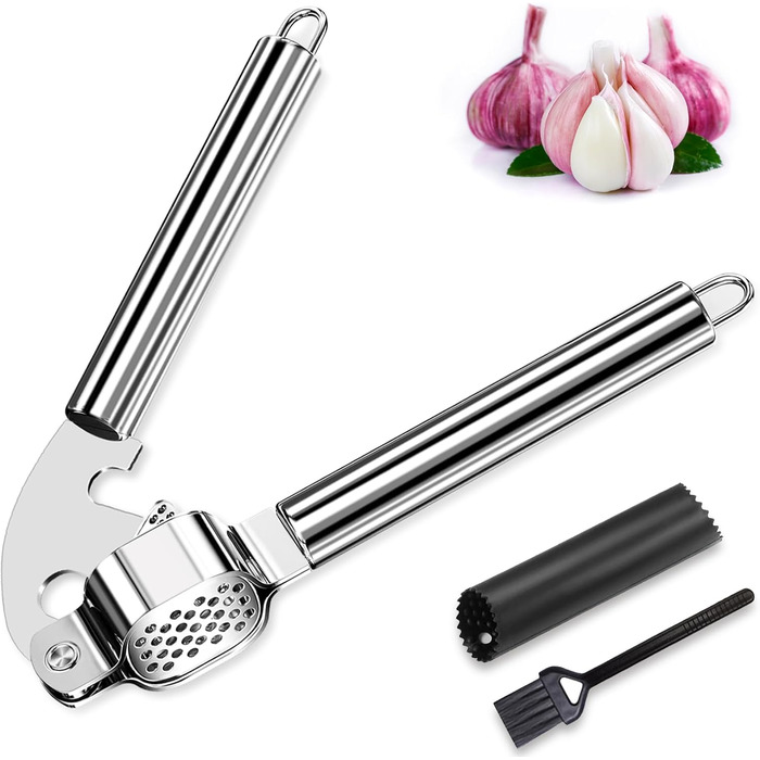 Прес для часнику Nutabevr з нержавіючої сталі з очищувачем та щіткою для чищення, прес для часнику з нержавіючої сталі, безпечний для миття в посудомийній машині