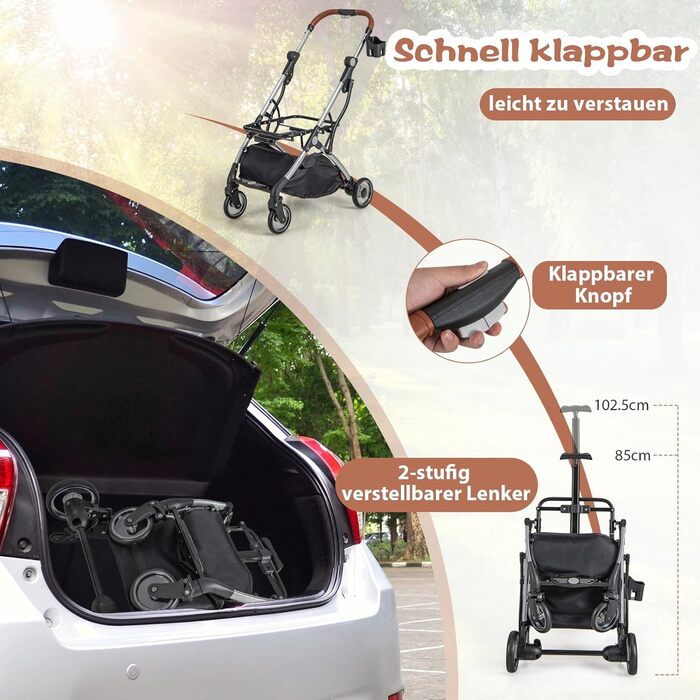 Візок для собак та котів COSTWAY 3 в 1, сірий | Складаний, до 15 кг | Знімний кошик, дощовик, телескопічна ручка, сітка-віконце