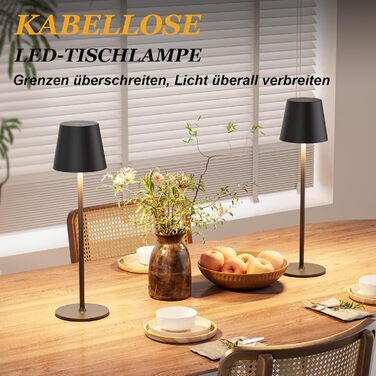 Набір з 2 бездротових настільних світильників LED з акумулятором, сенсорне регулювання яскравості, 3 режими кольору, USB-C зарядка для спальні, столу, кемпінгу (Чорний)