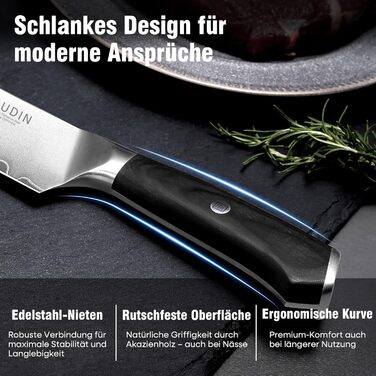 Набір кухонних ножів PAUDIN 4 шт: кухонний ніж, саторі, універсальний ніж, ніж для овочів. Професійний, гострий, з нержавіючої сталі 10Cr15CoMoV (твердість 62 HRC), з ергономічною дерев'яною ручкою