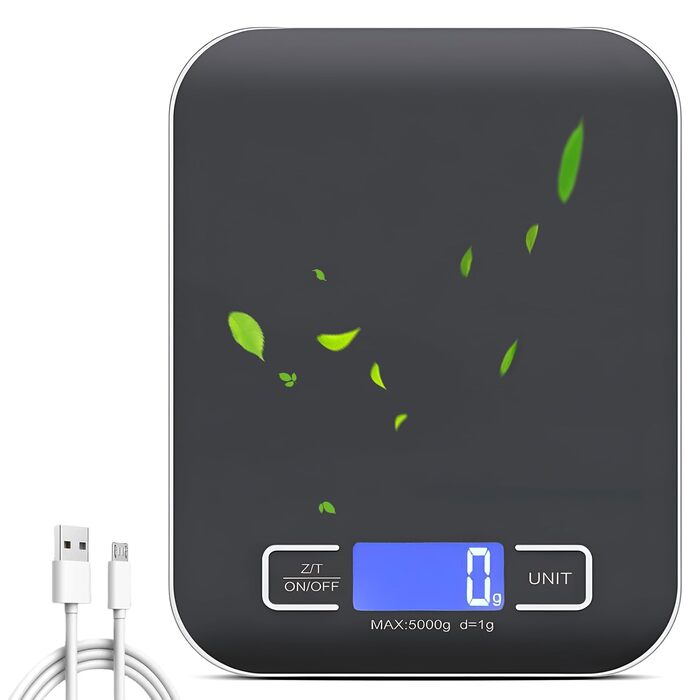 Цифрова кухонна вага, 10 кг/1 г, USB, акумулятор, LCD дисплей, функція тарування, професійна, металевий корпус (білий/чорний)