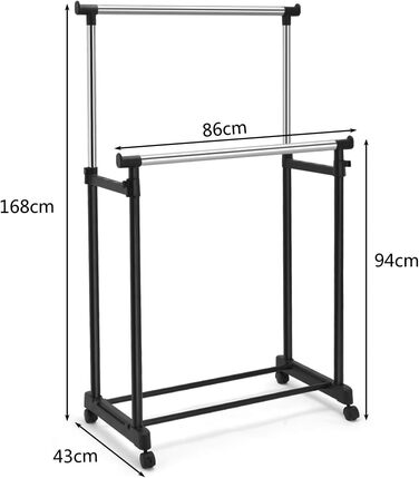 COSTWAY Clothes Rack with 2 Height-Adjustable Clothes Rods, Coat Rack on Wheels, Rolling Wardrobe, Clothes Cart, Stable Clothes Rack, 86 x 43 x 94-168cm, Black