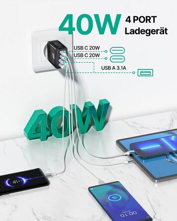 Зарядний пристрій USB-C 2 шт, 4 порти: адаптер для швидкої зарядки 40W PD 3.0 для iPhone 15 Pro Max, Samsung та інших смартфонів - чорний