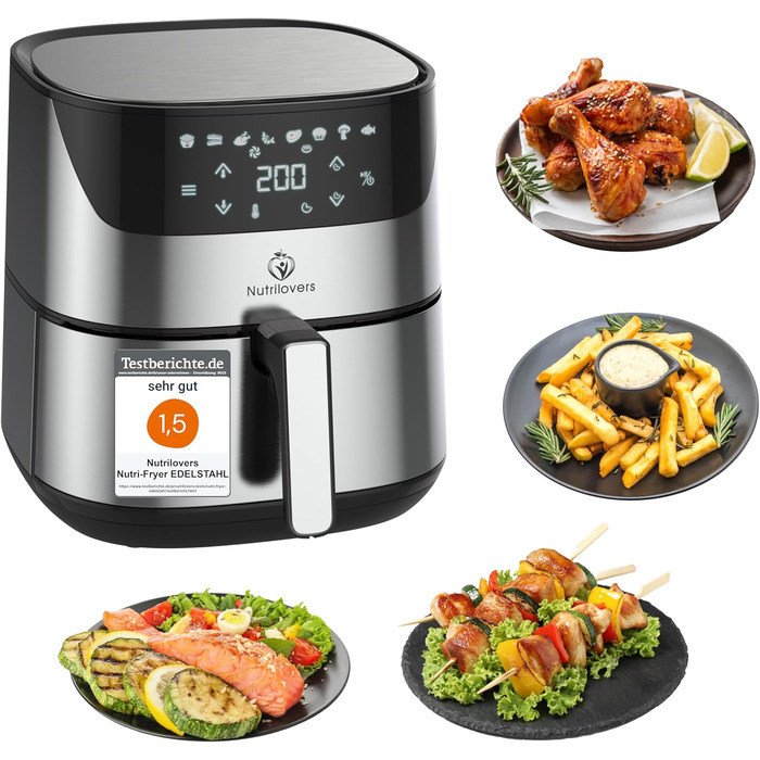 Аерофритюрниця NUTRI-FRYER XXL з нержавіючої сталі, 2000 Вт, 5 л, німецька марка, без масла, тестована, набір для приготування картоплі фрі