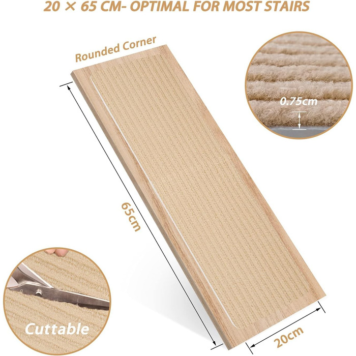 Набори сходинкових килимків MBIGM 15 шт. Самоклеючі килимки на сходи для безпеки дітей, літніх людей та домашніх тварин, (Верблюжий, 20 см X 65 см)