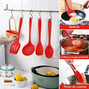 Набір кухонних аксесуарів Joyfair: 15 предметів з силікону, стійкий до нагріву, антипригарний, для посуду, з підставкою, миється в посудомийній машині (червоний)