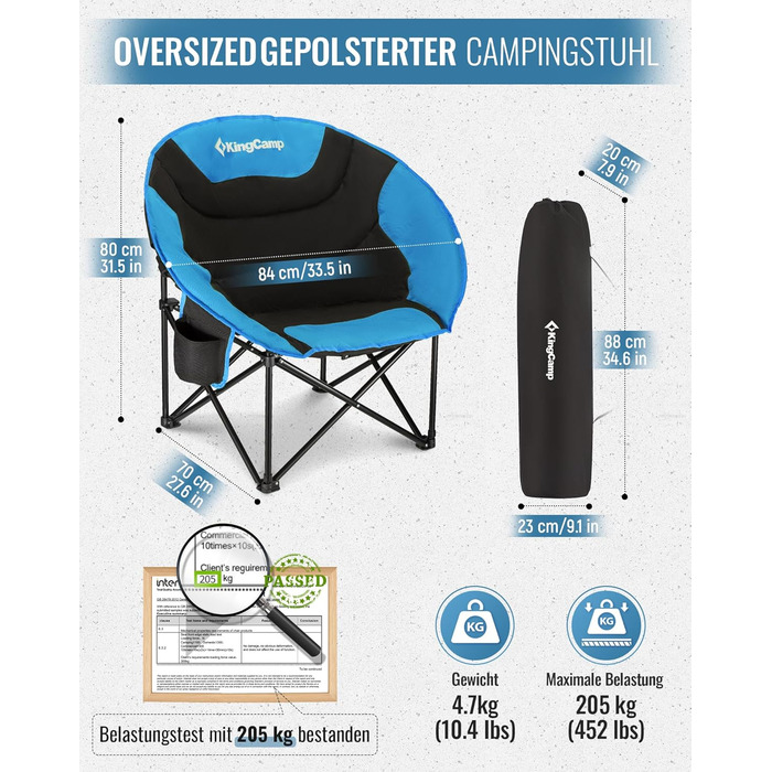 Крісло для кемпінгу KingCamp Moonchair XXL: зручне, м'яке, для відпочинку на природі, саду, риболовлі. Макс. 205 кг, з кишенею для напоїв та високою спинкою (Блакитний)
