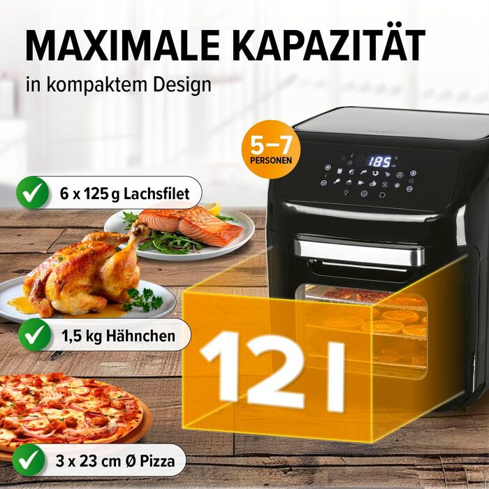 Цифрова аерофритюрниця MAXXMEE 12 л, 3-в-1: фритюрниця, гриль та духовка, чорна, без жиру, для картоплі фрі до 1,8 кг