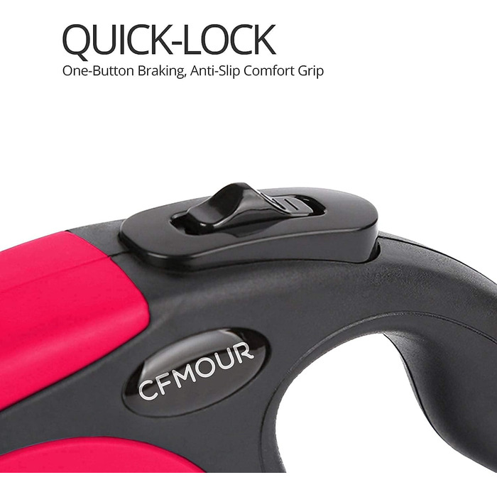 Рулетка для собак CFMOUR, 5 м, до 20 кг, червона, міцна, висувна, для собак маленьких та середніх порід, з нейлоновою стрічкою, стопорним механізмом та замком, бонус - кликер для дресирування