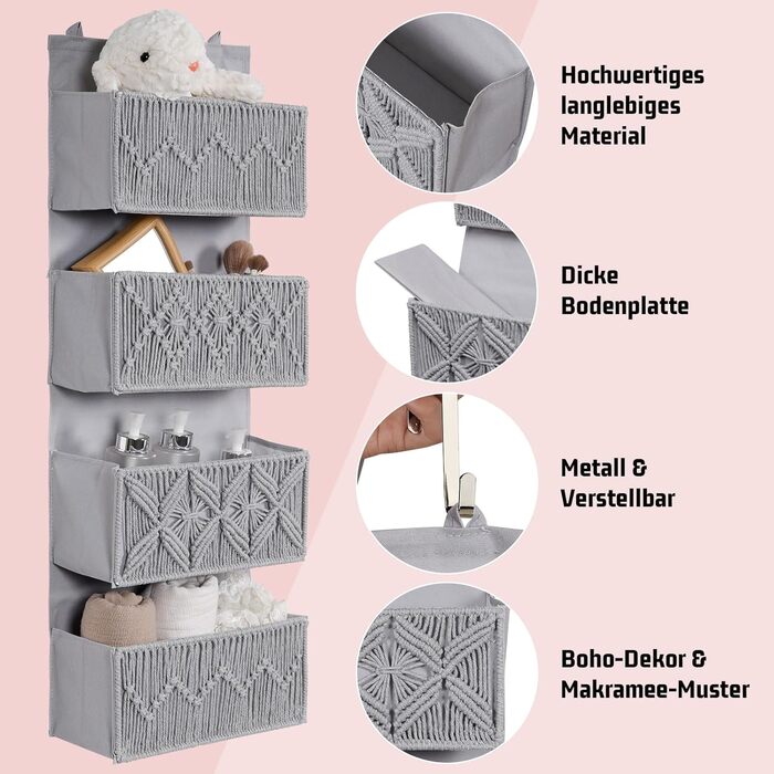 Органайзер для дверей з 4 кишенями, Бохо декор, настінна полиця-органайзер з 2 гачками, для спальні, дитячої кімнати, ванної (4 кишені-сірий)