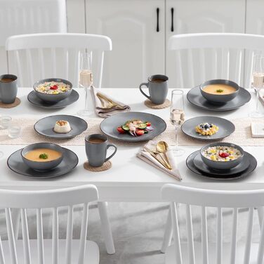 Tableware Stoneware, vancasso MODA Dinnerware Set, Vintage Look, 16-Piece Combination Service with 4 Dinner Plates, Dessert Plates, Bowls, and Cups Each Gray 16-Piece for 4 Gray