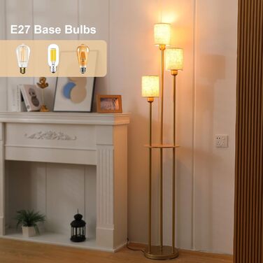 Стійка лампа Winverty для вітальні з полицею, 3 лампи, вінтажний стиль, індустріальний дизайн, E27, вимикач на нозі, абажур з льону, 1.66 м (золота)