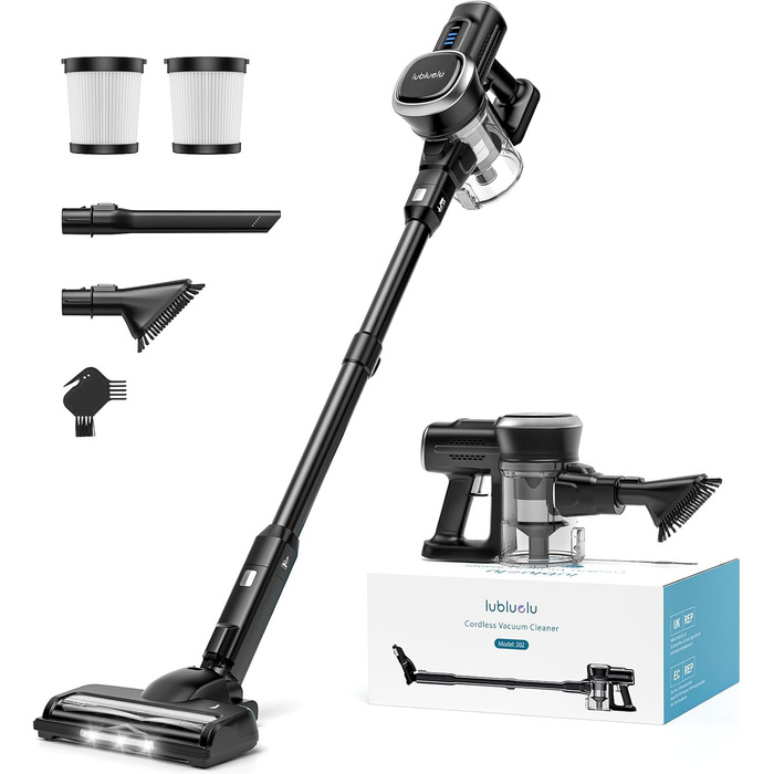 Бездротовий акумуляторний пилосос Lubluelu з LED-щіткою, HEPA-фільтром, потужністю 220W та 25kPa, час роботи до 50 хвилин, для твердих поверхонь, шерсті тварин та килимів (чорний)
