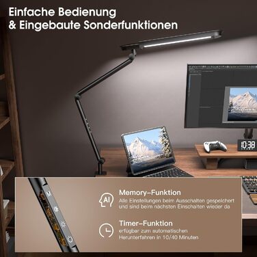 LED лампа настільна з кліпсою, 18W, 1100 люменів, регульована, для офісу та дому, без відблисків, захист очей, білий (чорний)