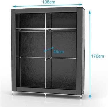 Folding Wardrobe 108x45x170 cm in GRAY - Fabric Clothes Closet with Zipper and Clothes Rail, Side Pocket and Compartments - Shelving Unit, Metal Frame, Storage