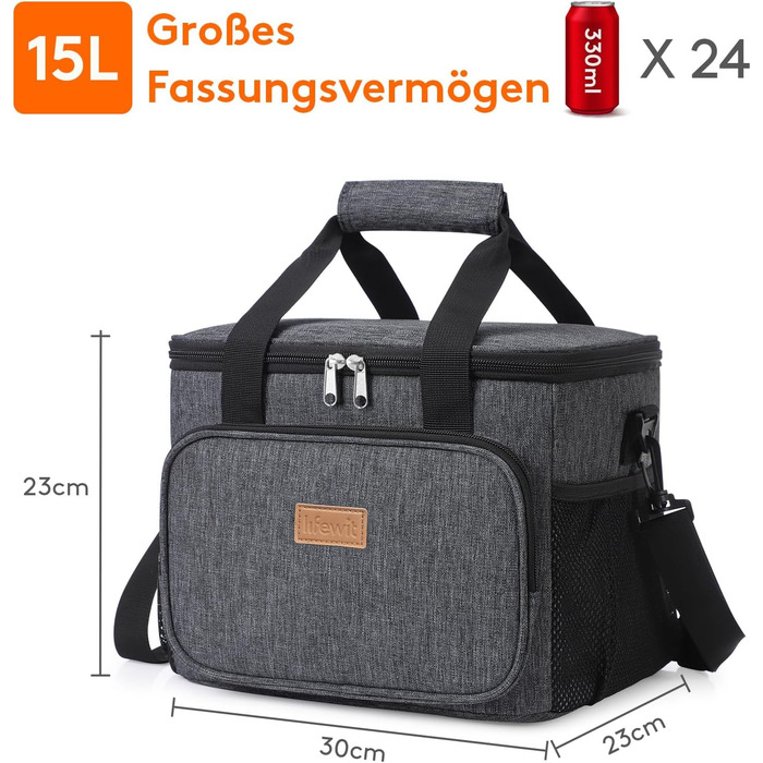 Термосумка LifeWit 15L: компактна, ізольована сумка-холодильник для їжі, напоїв, пікніків та подорожей. Водонепроникна, сіра, для чоловіків та жінок.