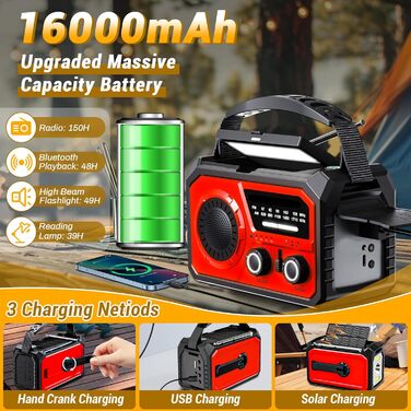 Радіо з ручним генератором 16000mAh, аварійне радіо AM/FM з сонячною панеллю та зарядкою для телефону, SOS-сигнал, ліхтарик, компас для кемпінгу та подорожей