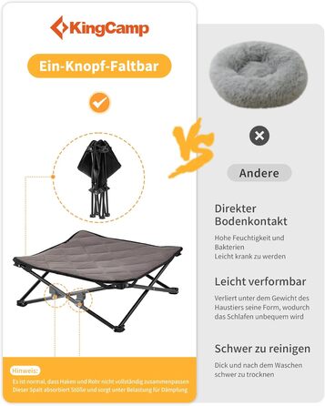 КінгКемп Лежанка для собак - портативна, з дихаючою сіткою та замшевим килимком, чорна, 57x57x23 см (77x77x30 см)