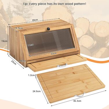 YOUDENOVA Скринька для хліба з дощечкою для нарізання, дерев'яний кошик для хліба, коробка для зберігання, бамбукова коробка для хліба, солі та перечниці, 39x25x20 (ДхШхВ) см, (Bois)