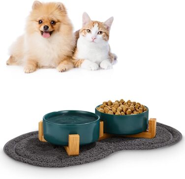 Миска для корму для собак та котів з кераміки з бамбуковим підставкою та антиковзним килимком (400 мл, 2 шт. - зелений)